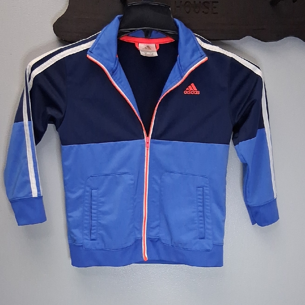 Adidas Navy and Blue Track Kids Jacket with Orange Accents Size 7